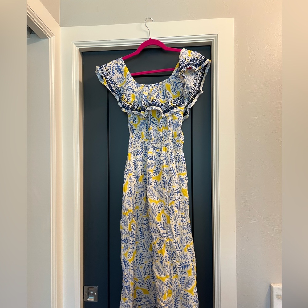 Skies are blue yellow and blue midi dress